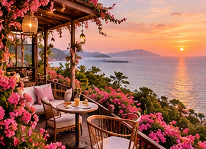 Illustrative romantic cliff café overlooking Phuket-style seascape