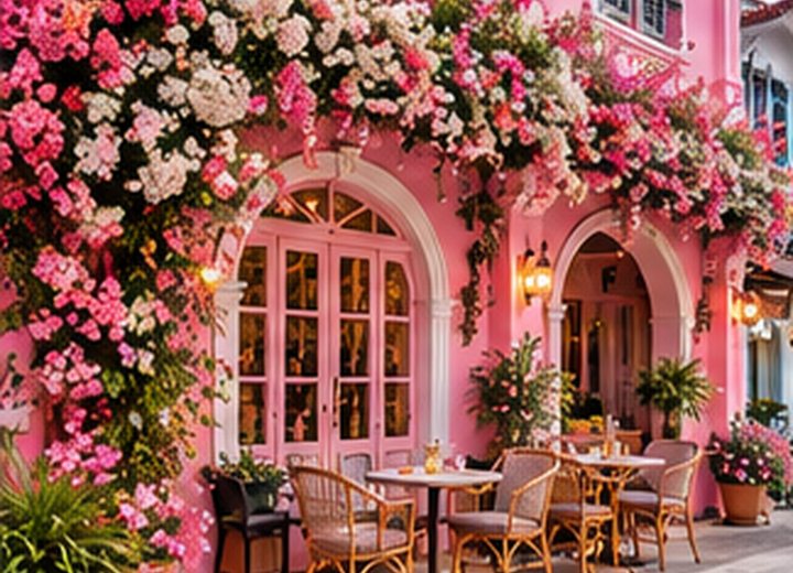 Illustrative pink-floral Phuket café scene